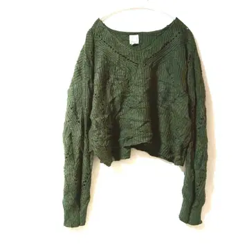 레어 [ line rain ] XL 그린 크롭 니트 V넥