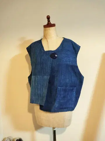 네이비 나염 빈티지 원단 패치워크 베스트