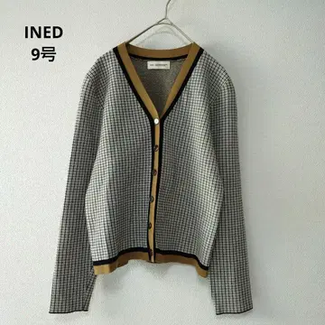 INED 이네드 V넥 가디건 체크 올 패턴 레이온 혼방 브라운 9호