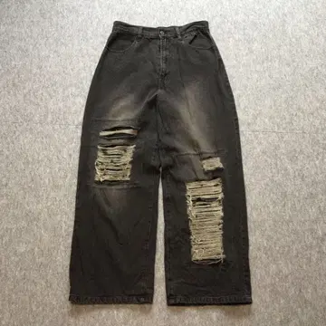 빈티지 블랙 데님 팬츠 크러쉬 데미지 가공 와이드 초와이드