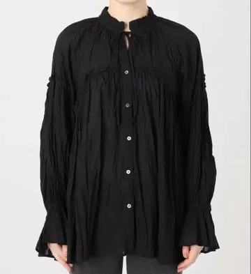 코튼 보일 크링클 프릴 개더 블라우스 블랙