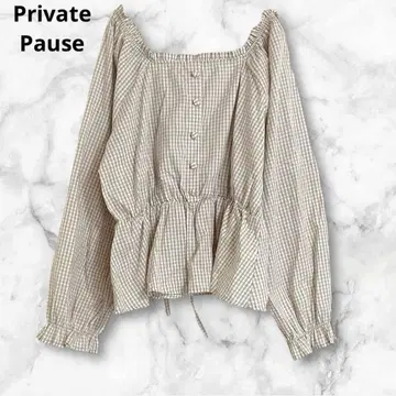 베이지 계열 깅엄 체크 오프숄더 긴팔 블라우스 M 코튼 100%