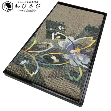 후쿠로 오비 선명한 벚꽃 꽃 무늬 견직물 아마색 O-4824