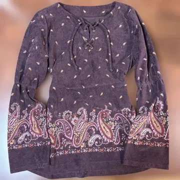 y2k 그런지 모리걸 퍼플 페이즐리 튜닉 두꺼운 원단