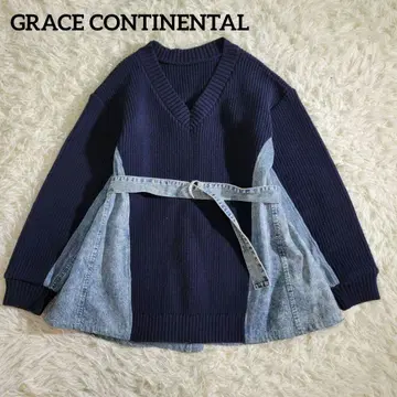 새상품급 그레이스 콘티넨탈 데님 플레어 니트 벨트 이소재 절개 V넥