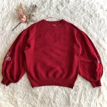 지유 꽃무늬 자수 니트 스웨터 레드 S 귀여운