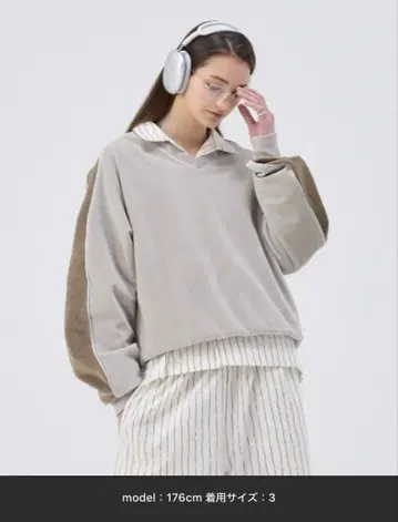 SOERTE 루즈 V넥 벨벳 맨투맨 사이즈 2