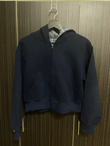 네이비 체크 안감 후드티