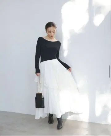 anuans 보트넥 밑단 도킹 니트 원피스 믹스