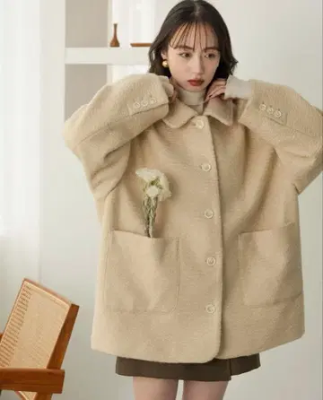 hinari 스탠칼라 샤기 미들 코트