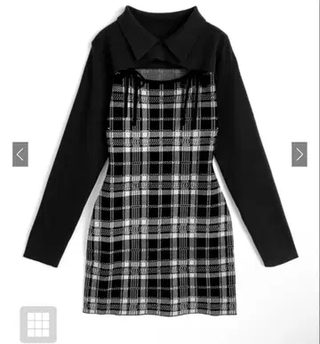 [ 미사용 새상품 ] 체크 무늬 프론트 오픈 리본 니트 미니 원피스