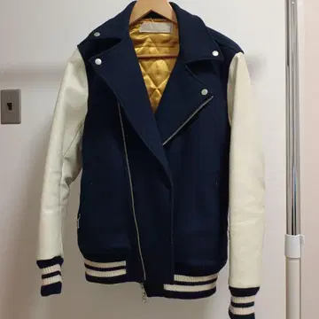 울 가죽 더블 라이더스 바시티 자켓 네이비