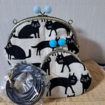 검은 고양이 디자인 가마구치 파우치 2개 세트