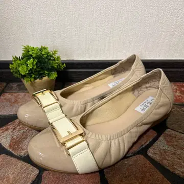 [ 히미코 ] 플랫 펌프스 ( 23 ) 가죽 베이지 스퀘어 버클