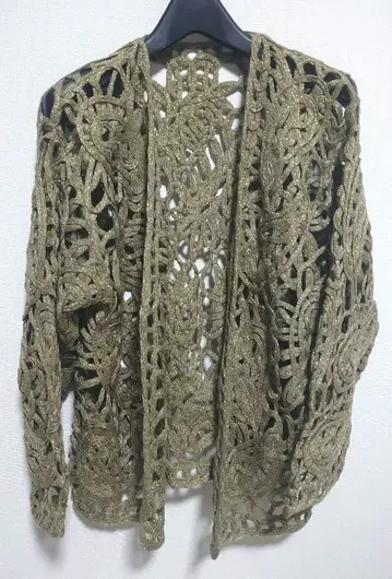 골드 컬러 슬릿사 레이스 편직 크로셰 가디건 의상 반짝이 레트로