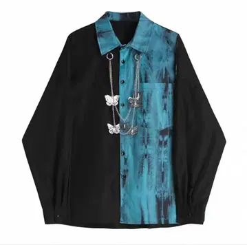 블랙 x 파랑 그라데이션 나비 장식 캐주얼 긴팔 셔츠