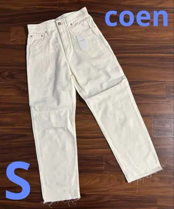 coen 코엔 화이트 스트레이트 데님 팬츠 데미지 가공