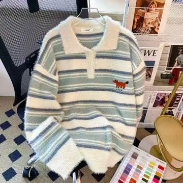 CSVO 아이보리 x 블루 스트라이프 폴로넥 스웨터