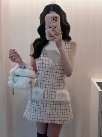 다리치 프론트 지퍼 트위드 미니 원피스