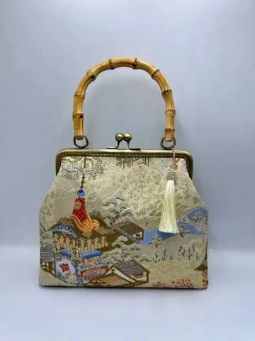 핸드메이드 니시진 비단 금실 라메실 핸드 백 대나무 손잡이 #536