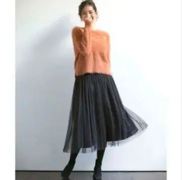 쿠미쿄쿠 새상품 튤 플레어 롱 스커트 블랙