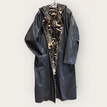 블랙 레오파드 무늬 가죽 롱 코트