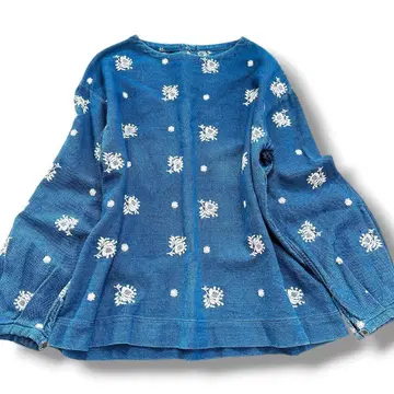 45RPM 카디 자수 네이비 나염 인디고 티셔츠 긴팔 튜닉 올 패턴