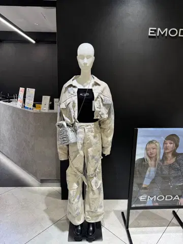 EMODA 카고 벨트 루즈 청바지, 벌룬 컴팩트 데님 블루종