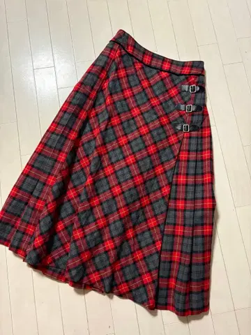 로이스크레용 롱 스커트 플리츠 스커트 체크 빨간색