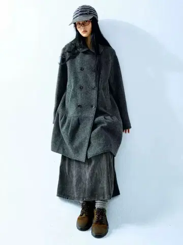 Coyseio 그레이 더블 브레스트 롱 코트