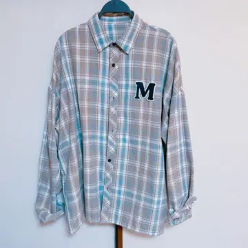 브라운 블루 체크 플란넬 셔츠 M 로고