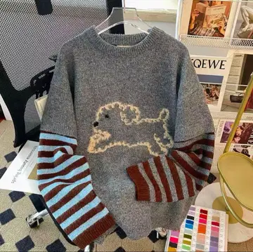 개 자수 그레이 브라운 블루 스트라이프 캐주얼 니트 스웨터