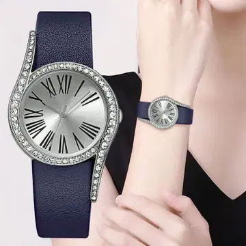 네이비 가죽 스트랩 쿼츠 손목시계 로마 숫자