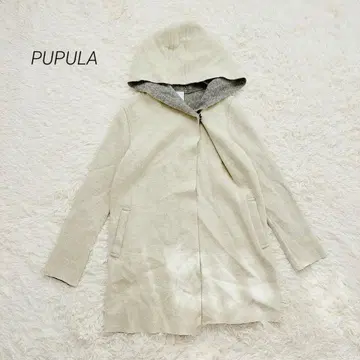 푸푸라 가디건 긴팔 미들 기장 후드 부착 포켓 울 혼방 일본제