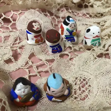 빈티지 오카야마 흙인형 모모타로 후쿠스케 오카메 6개 세트 콩인형