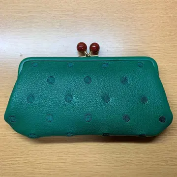 도트 무늬 가죽 장지갑 그린 컬러 박스 포함