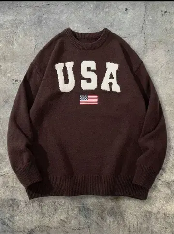 USA 성조기 니트 스웨터 커피 브라운