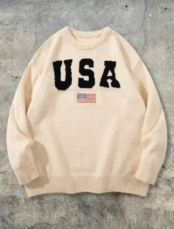 USA 성조기 니트 스웨터 애프리콧 크림색