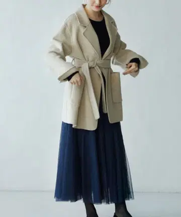 베이지 허리 리본 체스터 코트