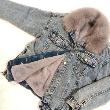 [새상품] 울트라 웜 속기모 카라 퍼 부착 데님 점퍼