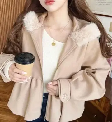 베이지 플리스 후드 부착 자켓 M 사이즈