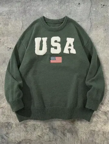 USA 성조기 니트 스웨터 올리브 그린 그린 컬러