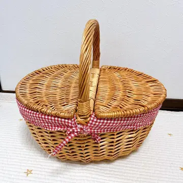 컨트리풍 피크닉 바스켓 등나무 바스켓 빨간색 체크 무늬 천 커버