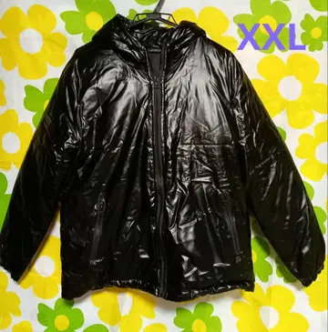 블랙 광택 다운 자켓 후드 부착 XXL