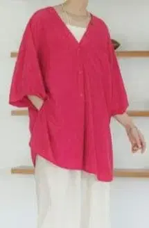 LEPSIM V넥 와이드 셔츠 튜닉 원피스 블라우스 반팔 핑크 새상품급