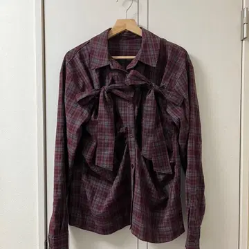 nemne 보르도 계열 체크 리본 포함 셔츠 M
