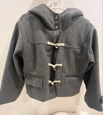 그레이 후드 부착 더플 코트 숏