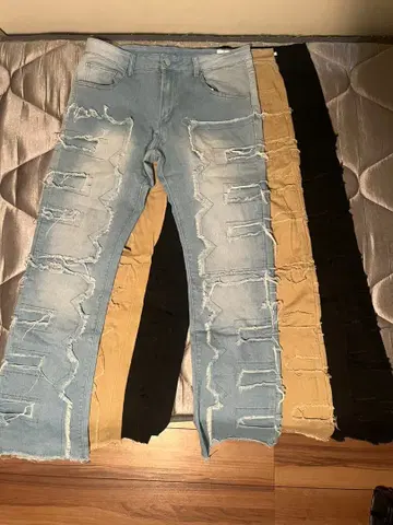 데미지 가공 슬림핏 청바지 라이트 블루, 베이지, 블랙 3종 세트