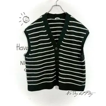 GU (지유) 보더 니트 가디건 베스트 V넥 그린