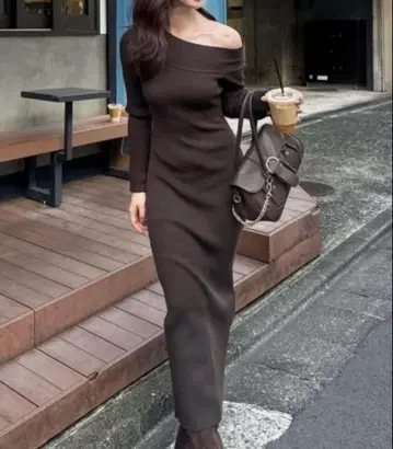 리엔다 원숄 니트 원피스 리엔다 다크 브라운